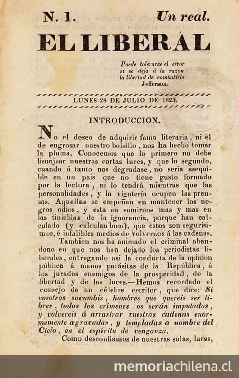 El Liberal: n° 1-25, 28 de julio de 1823 a 16 de enero de 1824