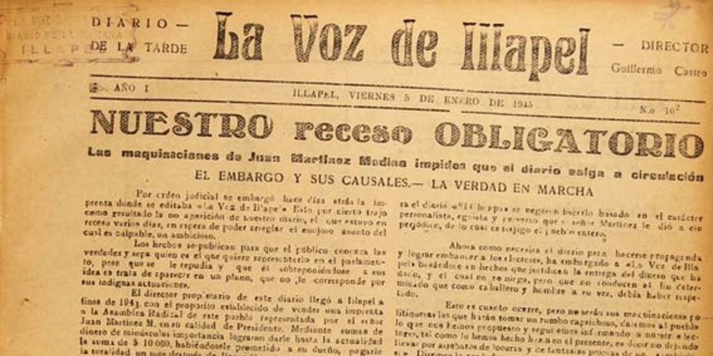 La Voz de Illapel: año 1, no. 102-año 2, n° 221, 5 de enero al 30 de agosto de 1945