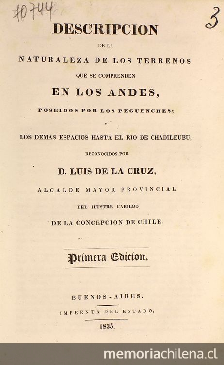 Descripción de la naturaleza de los terrenos que se comprenden en los Andes, poseídos por los peguenches; y las demas espacios hasta el Rio de Chadileubu