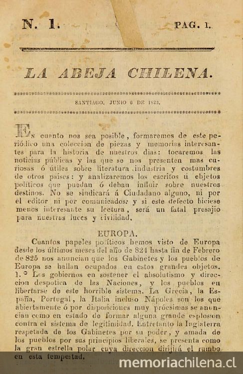 La Abeja Chilena: n° 1-8, 6 de junio a 21 de septiembre de 1825