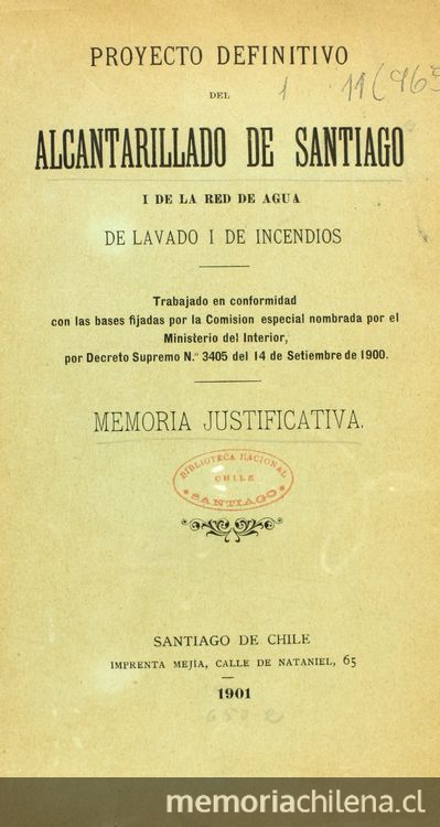 Proyecto definitivo del alcantarillado de Santiago y de la red de agua de lavado y de incendios