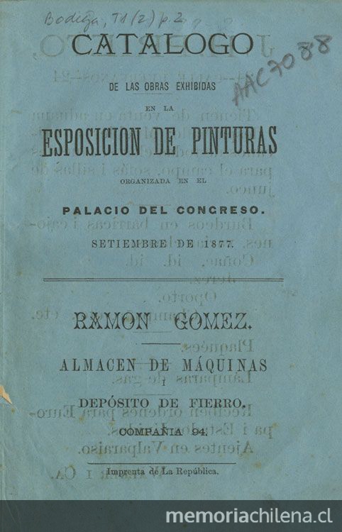 Catálogo de las obras exhibidas en la Esposición de Pinturas organizada en el Palacio del Congreso: septiembre de 1877