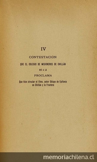 Contestación que el colegio de misioneros de Chillán dio a la proclama que hizo circular el ilustrísimo señor Obispo de Epifanía, en Chillán y la Frontera