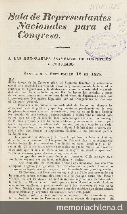 Sala de representantes nacionales para el Congreso. A las honorables asambleas de Concepción y Coquimbo. Santiago y septiembre 12 de 1825