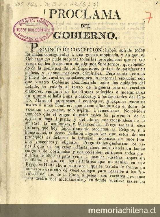 Proclama del gobierno. Provincia de Concepción, habeis sufrido todos los males consiguientes a una guerra inopinada ... Talca, noviembre 8 de 1813