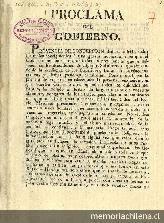 Proclama del gobierno. Provincia de Concepción, habeis sufrido todos los males consiguientes a una guerra inopinada ... Talca, noviembre 8 de 1813