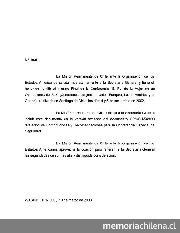 Informe final: Conferencia el Rol de la Mujer en las Operaciones de Paz,conferencia conjunta América Latina y el Caribe-Unión Europea, Santiago, Chile 4-5 noviembre 2002