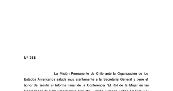 Informe final: Conferencia el Rol de la Mujer en las Operaciones de Paz,conferencia conjunta América Latina y el Caribe-Unión Europea, Santiago, Chile 4-5 noviembre 2002