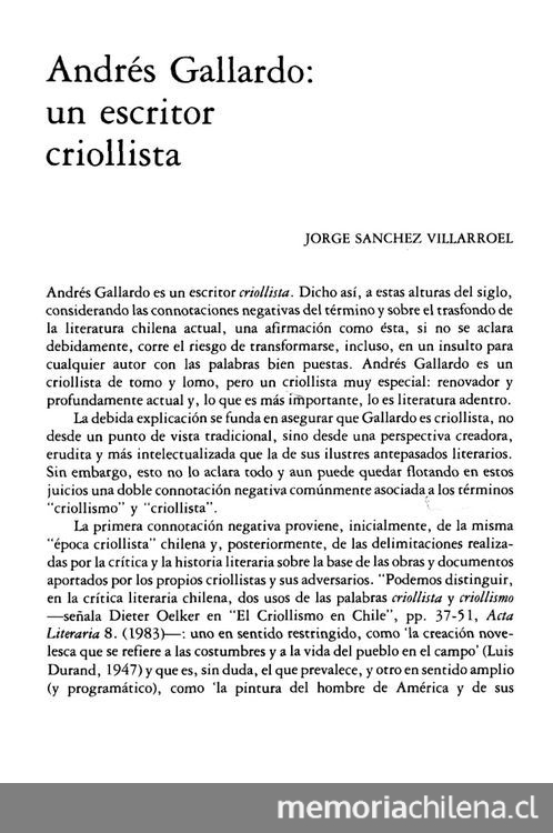 Andrés Gallardo, un escritor criollista