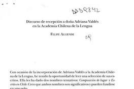 Discurso de recepción a doña Adriana Valdés en la Academia Chilena de la Lengua