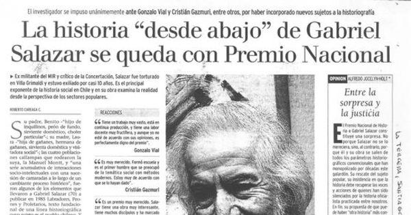 La historia "desde abajo" de Gabriel Salazar se queda con el premio Nacional de Historia, 2006