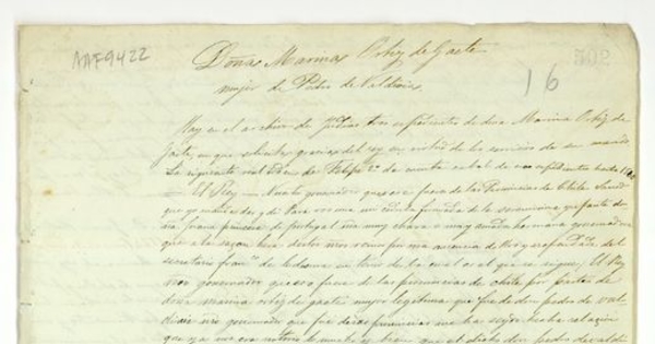 Doña Marina Ortiz de Gaete, mujer de Pedro de Valdivia [manuscrito]