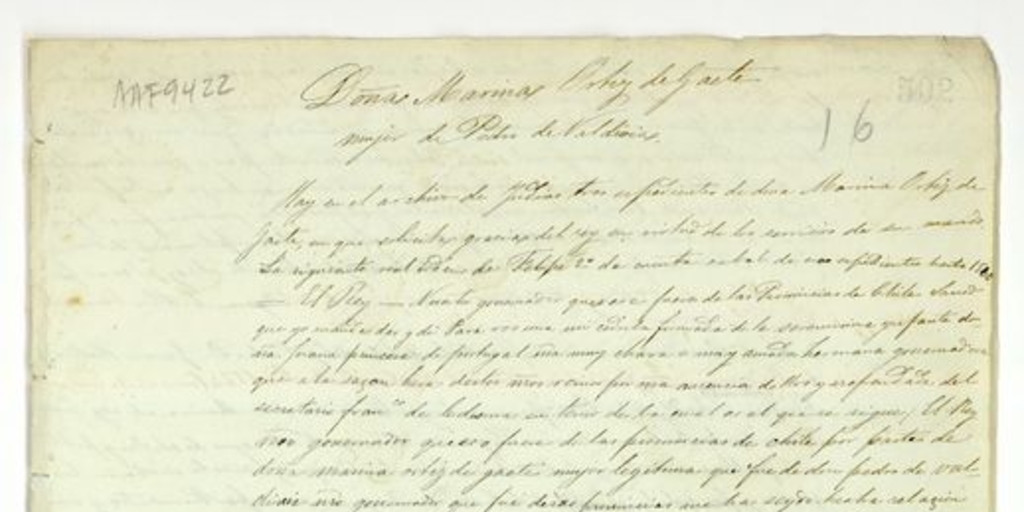 Doña Marina Ortiz de Gaete, mujer de Pedro de Valdivia [manuscrito]