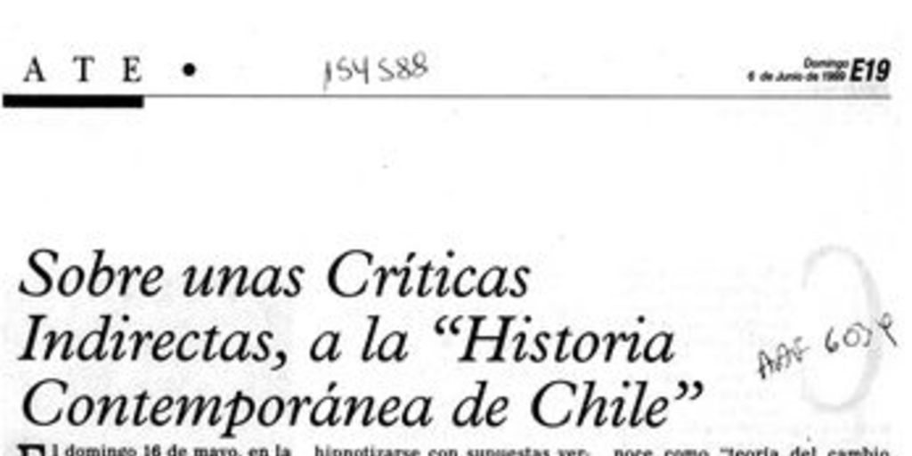 Sobre unas críticas indirectas, a la "Historia contemporánea de Chile"