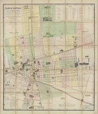 Plano de Santiago, con las divisiones politicas y administrativas, los ferrocarriles Urbanos i a Vapor. Establecimientos de instrucción de beneficencia i religiosos. Con los proyectos de canalización del Río, Camino de Cintura, Ferrocarriles, etc.