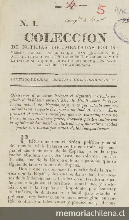 Colección de noticias documentadas por diversos papeles públicos que dan una idea del actual estado político de Europa y America, y de la influencia que resulta de los sucesos en favor de la libertad americana