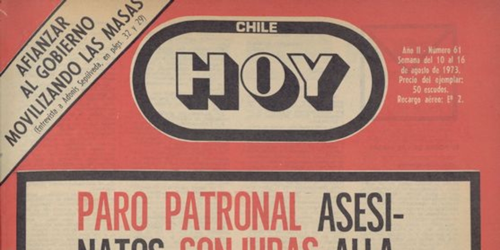 Portada Chile hoy, año 2, número 61, agosto 1973