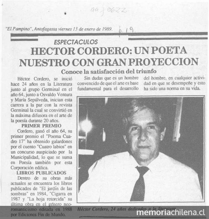 Héctor Cordero, un poeta nuestro con gran proyección