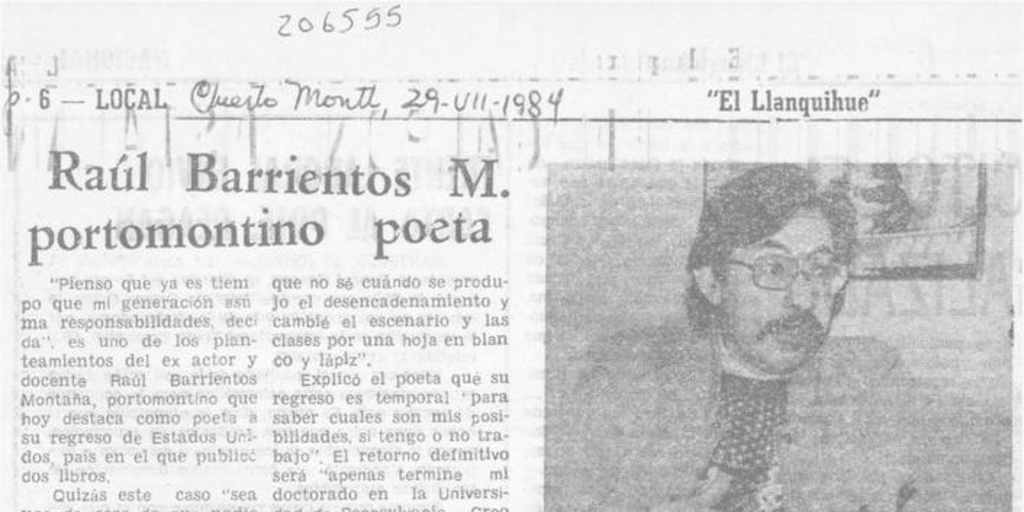 Raúl Barrientos M., portomontino poeta