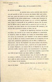 [Carta] 1945 nov. 23, México D. F. [a] Gabriela Mistral[manuscrito] /Luis Enrique Délano.