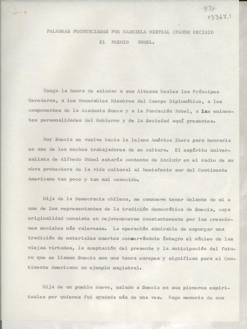 Palabras pronunciadas por Gabriela Mistral cuando recibió el Premio Nobel