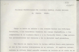 Palabras pronunciadas por Gabriela Mistral cuando recibió el Premio Nobel