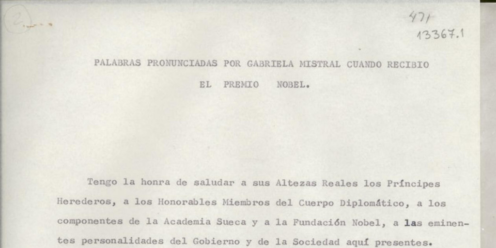 Palabras pronunciadas por Gabriela Mistral cuando recibió el Premio Nobel