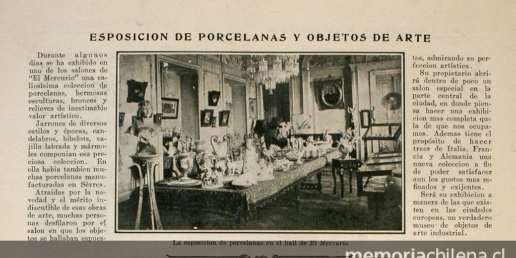 "Exposición de porcelanas y objetos de arte", Zig-Zag, Santiago, n.120, 9 de junio de 1907.