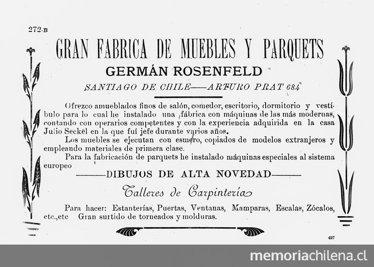 Aviso "Gran fábrica de muebles y parquets Germán Rosenfeld", Anuario Prado Martínez, 1904-1905, p.272B