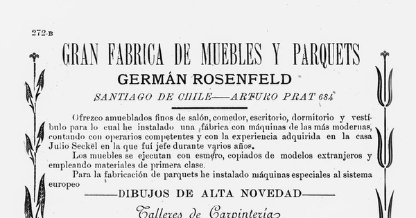 Aviso "Gran fábrica de muebles y parquets Germán Rosenfeld", Anuario Prado Martínez, 1904-1905, p.272B