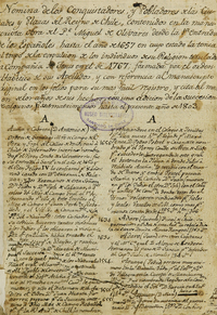 Nómina de los conquistadores y pobladores de las ciudades y plazas del Reyno de Chile, contenidos en la manuscrita obra del P[adr]e Miguel de Olivares desde la entrada de los españoles hasta el año de 1657