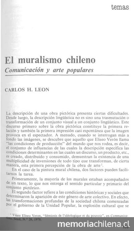 El muralismo chileno. Comunicación y artes populares