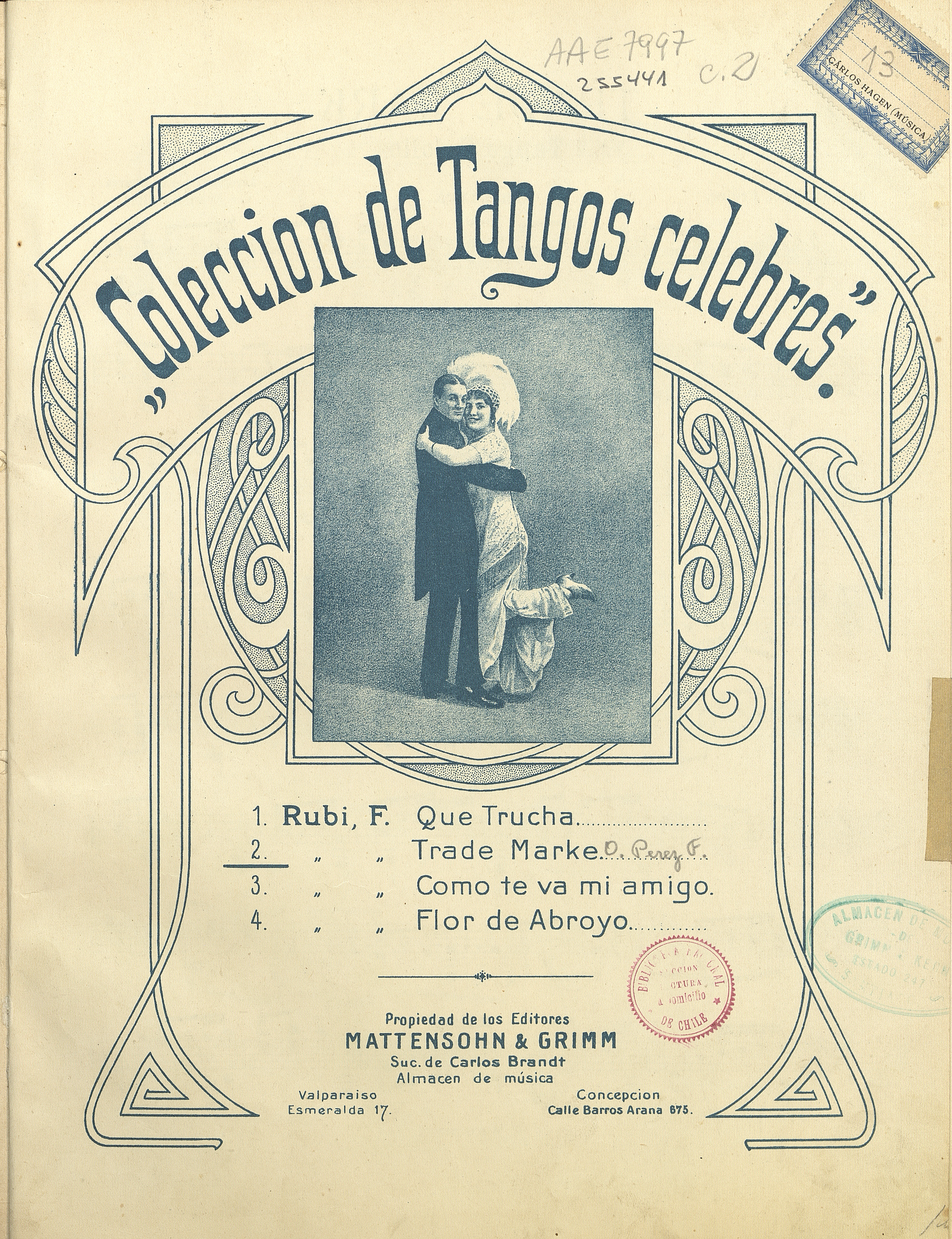 Trade mark[música] :tango criollo [para guitarra]Op. 2 /Osmán Pérez Freire ; arreglo de Francisco Rubi. [Valparaíso] : Casa Grimm & Kern, [192-] 1 partitura (2 p.) ; 35 cm.