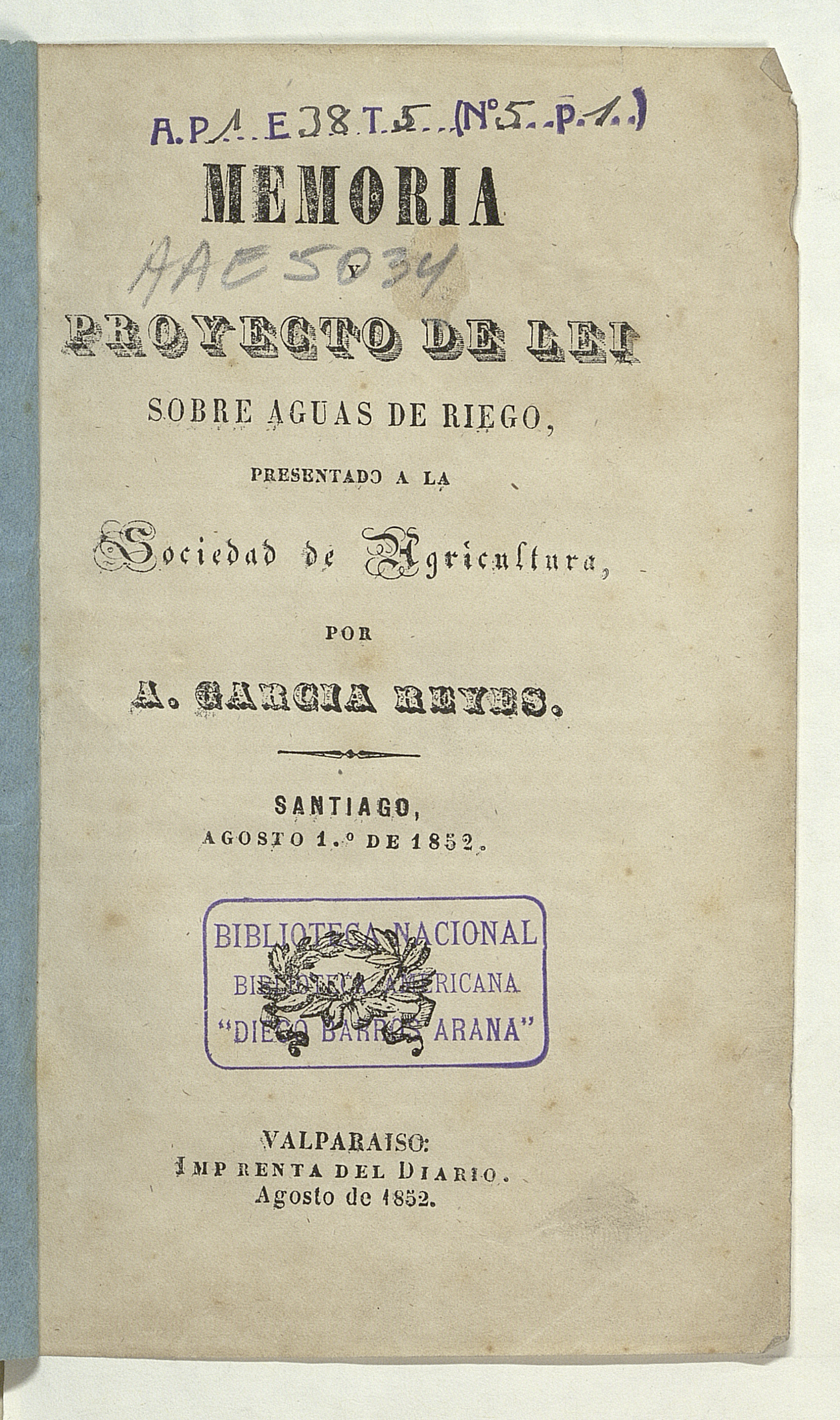 Memoria y proyecto de lei sobre aguas de riego