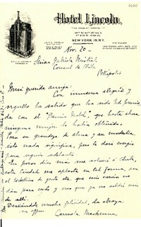 [Carta] [1945?] nov. 20, New York, [EE.UU.] [a] Gabriela Mistral, Petrópolis, [Brasil]