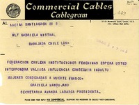 [Telegrama] 1946 mar. 2, Santiago, [Chile] [a] Gabriela Mistral