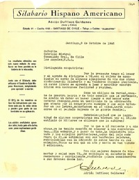 [Carta] 1946 oct. 9, Santiago, Chile [a] Gabriela Mistral, Los Angeles de California, [Estados Unidos]