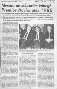 Ministro de Educación entregó Premios Nacionales 1986  [artículo].