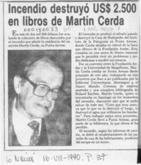 Incendio destruyó US$ 2.500 en libros de Martín Cerda  [artículo].