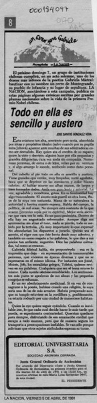 Todo en ella es sencillo y austero  [artículo] José Santos González Vera.