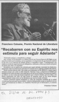 "Recabarren con su espíritu nos estimula para seguir adelante"  [artículo] Francisco Coloane.