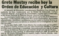 Grete Mostny recibe hoy la orden de educación y cultura.