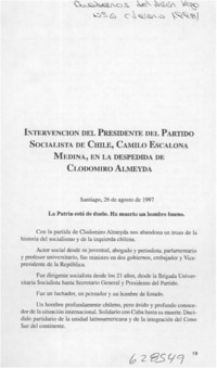 Intervención del Presidente del Partido Socialista de Chile, Camilo Escalona Medina, en la despedida de Clodomiro Almeyda  [artículo]