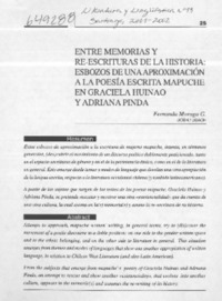 Entre memorias y re-escrituras de la historia, esbozos de una aproximación a la poesía escrita mapuche en Graciela Huinao y Adriana Pinda  [artículo] Fernanda Moraga G.