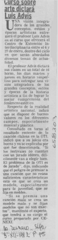 Curso sobre arte dictará Luis Advis.