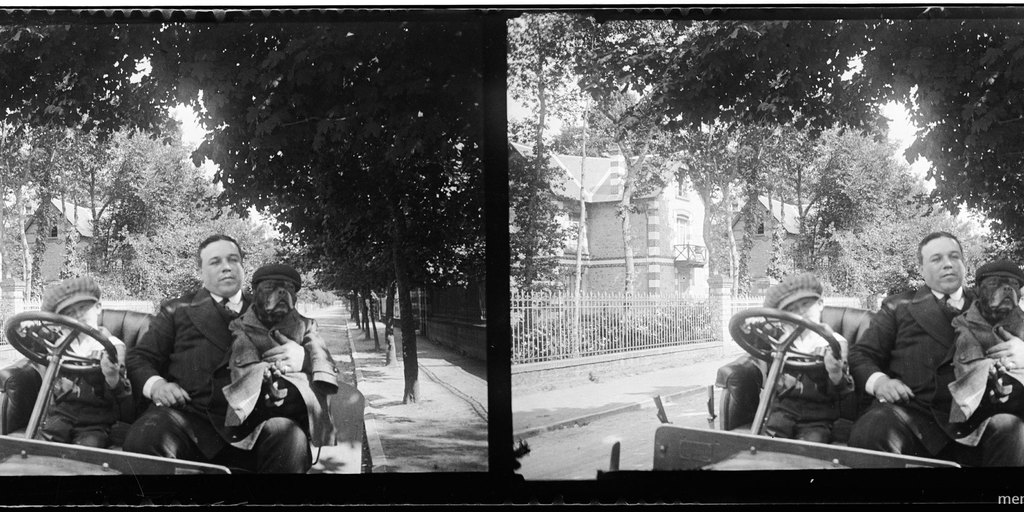 Mr. Reith en auto, con su perro y su hijo, julio 1909