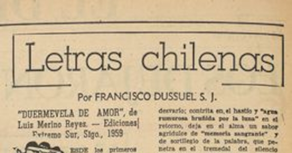 Letras chilenas. "Duermevela de amor", de Luis Merino Reyes; "Mi amigo", de Roberto Vilches Acuña