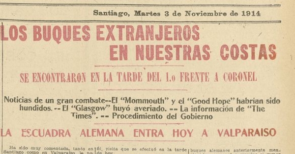 Los buques extranjeros en nuestra costas". Las Últimas Noticias, 3 de noviembre de 1914,p.1. Costado derecho.