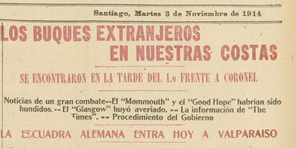 Los buques extranjeros en nuestra costas". Las Últimas Noticias, 3 de noviembre de 1914,p.1. Costado derecho.