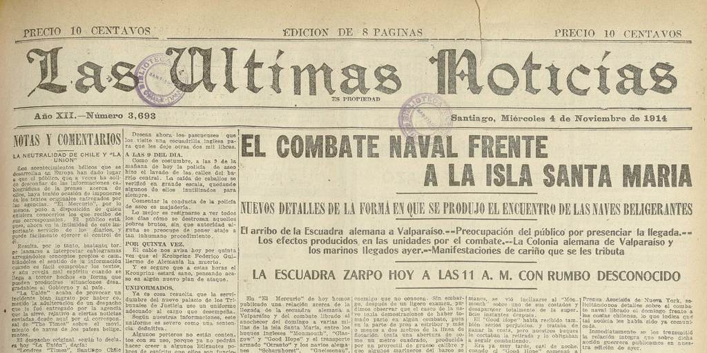 "El combate naval frente a la isla Santa María", Las Últimas Noticias miércoles 4 de Noviembre de 1914. p. 1, completa